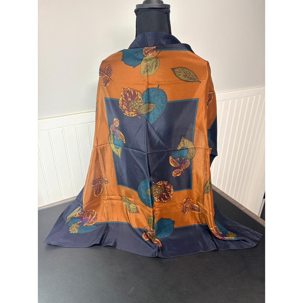 Liz Claiborne Silk Scarf Navy Copper Teal Leaf Berry Print Square 31x31 Vintage